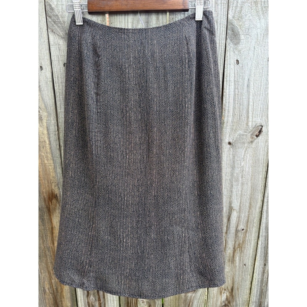 VTG Talbots Petites Pure Silk Chevron‎ Herringbone Midi Skirt Black Tan Size 6P